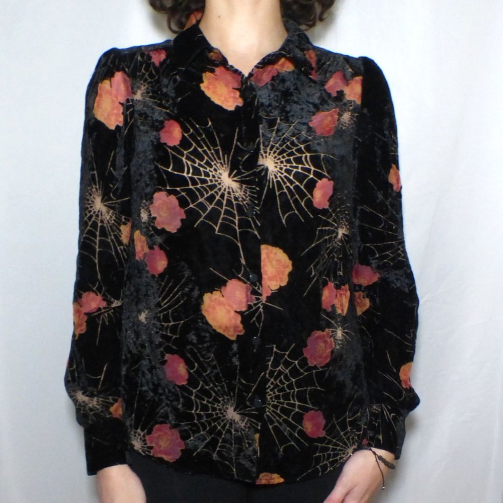 Velvet Burnout Floral & Spiderweb Long Sleeve Button Down